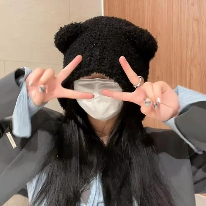 Plush Bear Knitted Hat, Warm Ear Protection